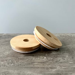 Tapa de bambú con orificio para pajita para vasos Libbey/70 mm/vidrio de lata de cerveza, café helado, vaso, tarro de masón, anillo de silicona
