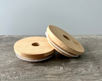 Bamboo Lid with Straw Hole | 70mm Libbey Glass, Mason Jar