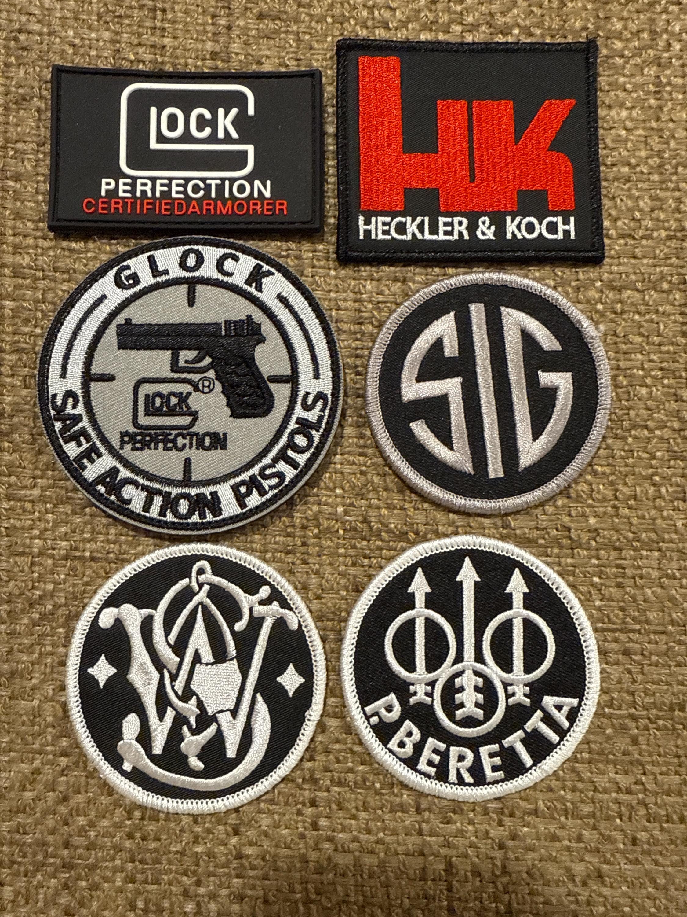 Firearm Brand Hat Patches: Beretta, Sig, Glock, Smith Wesson, Ammo Hand Gun - Military Police DIY Embroidered Accessories