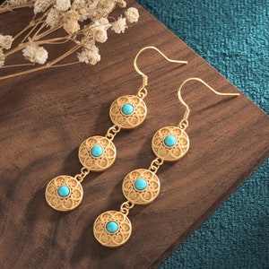 Turquoise Boho Earrings Drop Dangle 18K Gold Plated Gemstone Ear Hook Earrings Handmade Jewelry