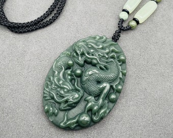 Jade Power Dragon Charm Pendant W/ Beads Cord Necklace Chain Handmade Gemstone Unique Jewelry