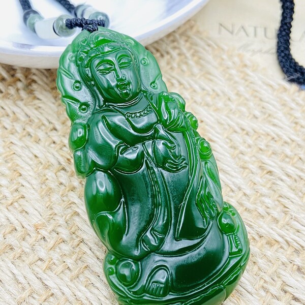 Jade Buddha Charm Pendant W/ Beads Cord Necklace Chain Guan Yin Handmade Gemstone Unique Jewelry