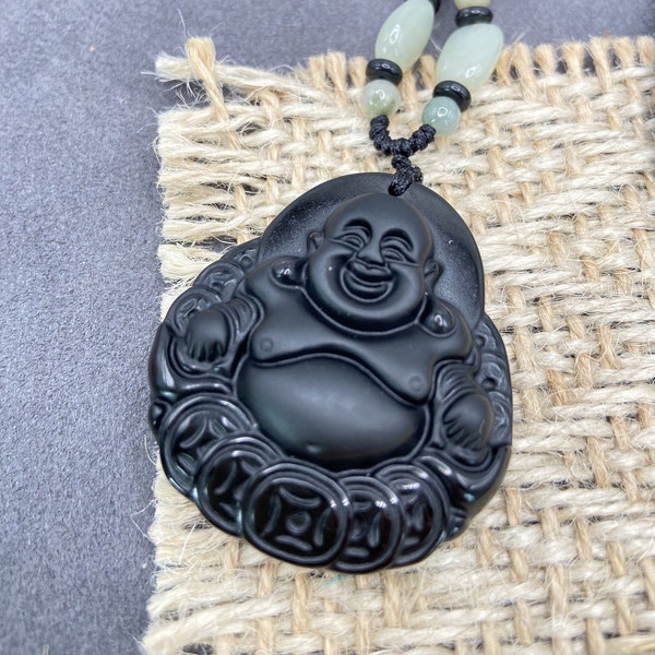 Jade Obsidian Buddha Charm Pendant W/ Beads Cord Necklace Chain Handmade Hand Carved Gemstone Unique Jewelry
