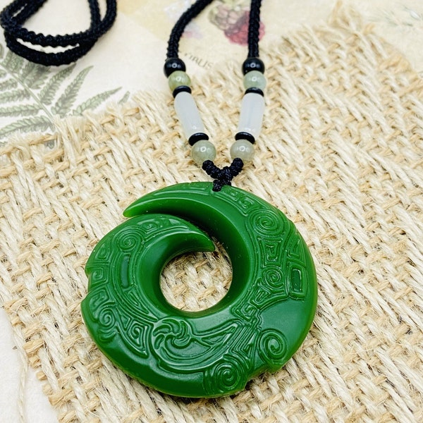 Jade Hand Carved Charm Pendant W/ Beads Cord Necklace Chain Handmade Gemstone Unique Jewelry