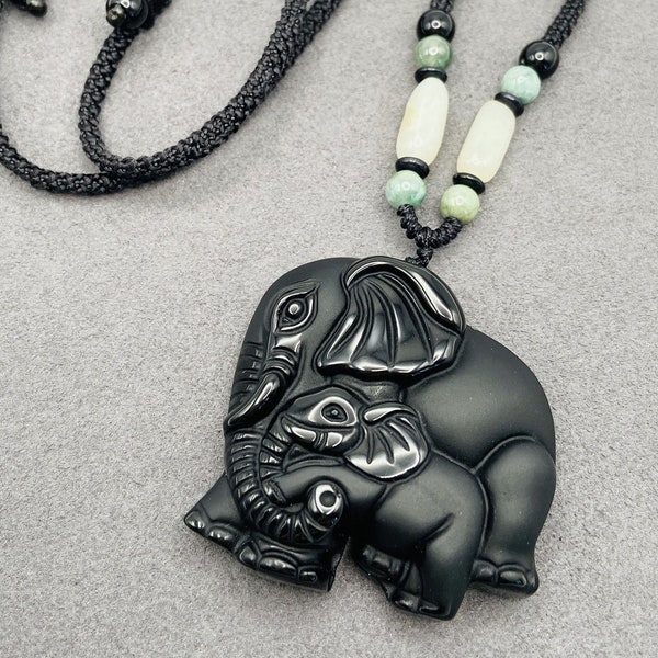 Jade Obsidian Elephant Charm Pendant W/ Beads Cord Necklace Chain Handmade Hand Carved Gemstone Unique Jewelry