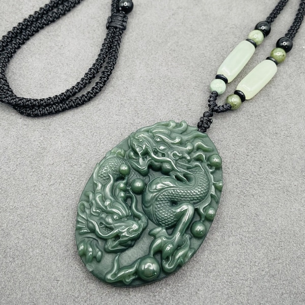 Jade Power Dragon Charm Pendant W/ Beads Cord Necklace Chain Handmade Gemstone Unique Jewelry