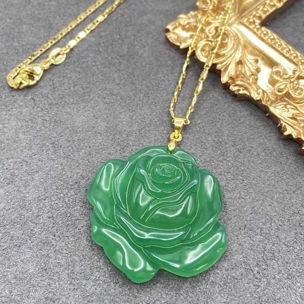 Jade Rose Flower Pendant Necklace W/ 18K Gold Plated Dainty Charm Jewelry Chain Floral Carved Handmade