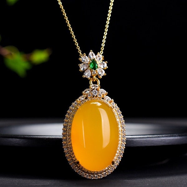 Jade Crystal Charm Pendant with Necklace 18K Gold Plated Jewelry Chain Orange Jem Handmade Unique Gemstone