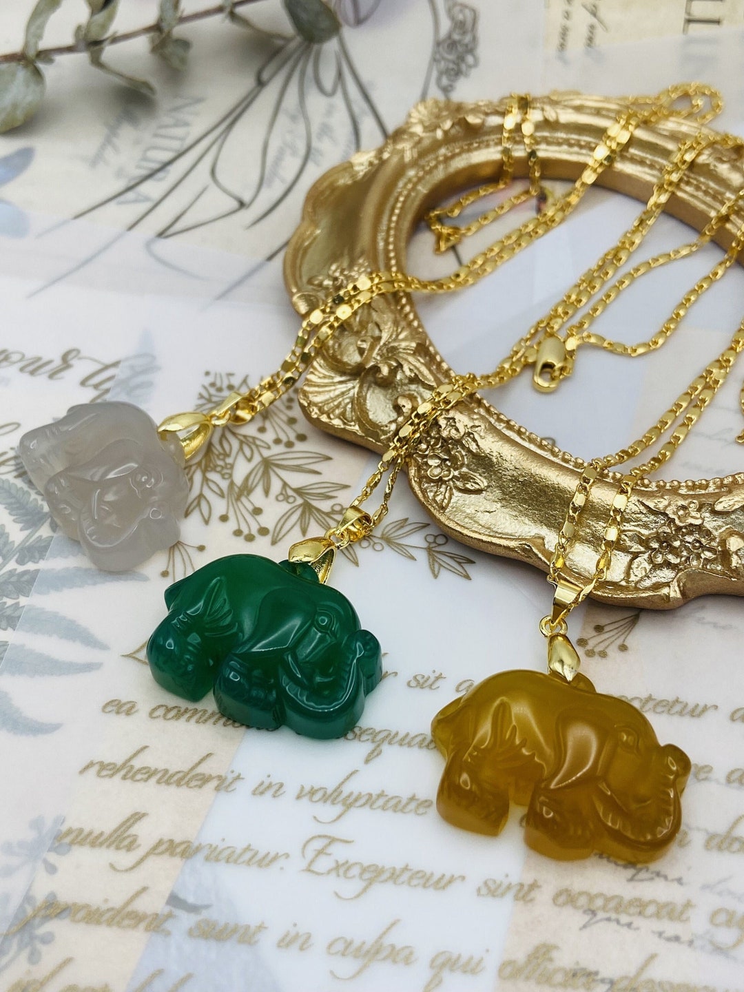 Vintage White Hetian Jade Elephant Pendant 18K Gold Plated Chain Necklace
