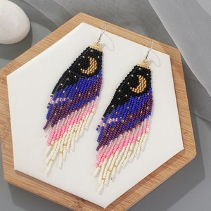 BOHO Seed Bead Earrings Crescent Moon Tassel Fringe Drop Dangle Earrings Cowgirl Jewelry Handmade In USA Bohemian Style