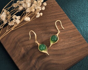 Jade Earrings Drop Dangle 18K Gold Plated Green Gemstone Ear Hook Earrings Handmade Jewelry