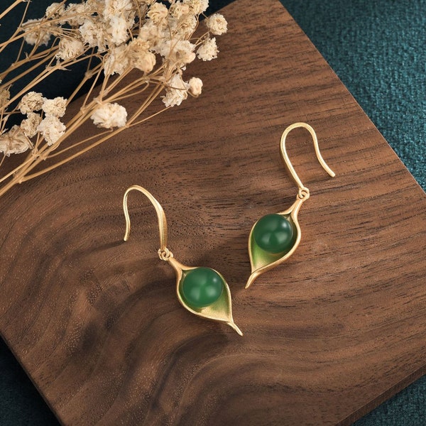 Jade Earrings Drop Dangle 18K Gold Plated Green Gemstone Ear Hook Earrings Handmade Jewelry