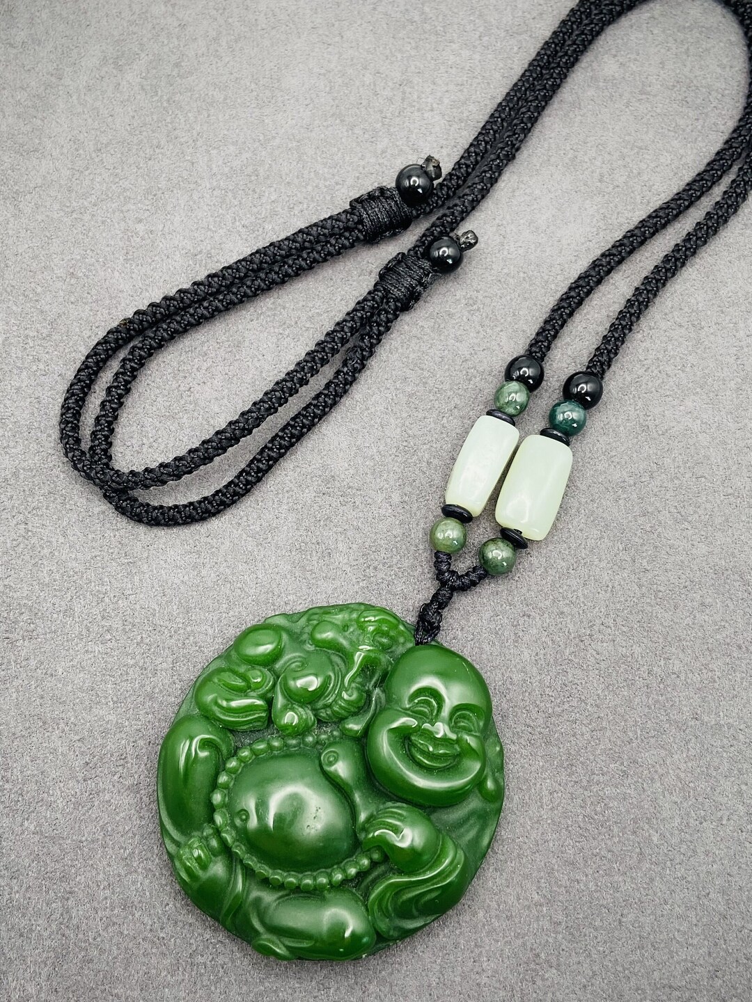 Jade Buddha Charm Pendant W/ Beads Cord Necklace Chain Handmade ...