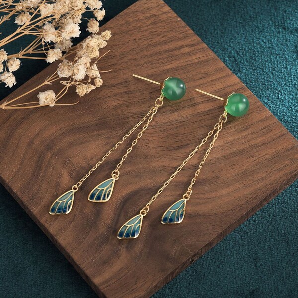 Jade Boho Earrings Drop Dangle 18K Gold Plated Green Gemstone Ear Stud Tassels Handmade Bird Feather Design Jewelry