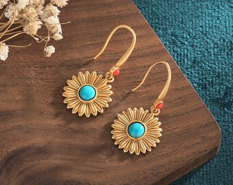 Turquoise Boho Earrings Drop Dangle 18K Gold Plated Flower Gemstone Ear Hook Earrings Handmade Jewelry