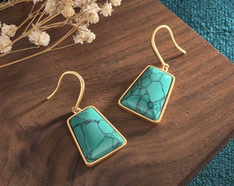 Turquoise Boho Dainty Earrings Drop Dangle 18K Gold Plated Gemstone Ear Hook Earrings Handmade Jewelry