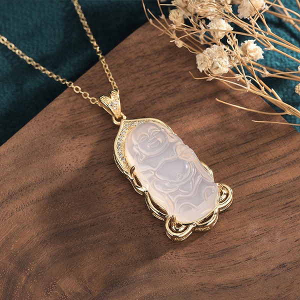 Jade Buddha Crystal Pendant Necklace W/ 18K Gold Plated Dainty Charm Jewelry Chain Gift