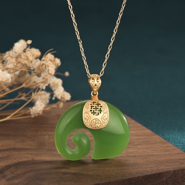 Jade Elephant Charm Pendant with Necklace 18K Gold Plated Minimalist Chain Green Handmade Unique Gemstone Jewelry