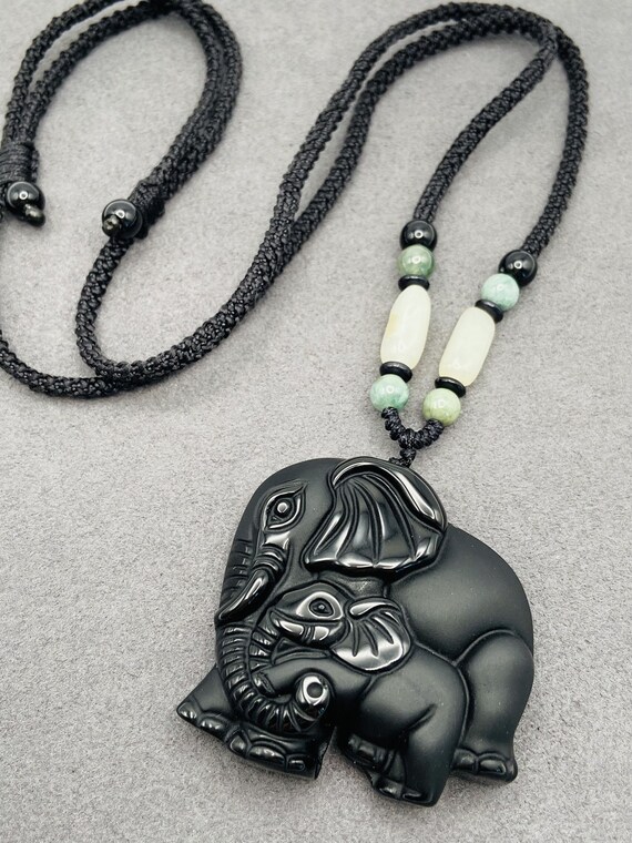 Jade Obsidian Elephant Charm Pendant W Beads Cord Necklace Chain