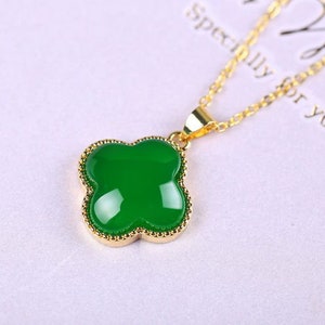 Jade Lucky Four Leaf Clover Charm Pendant W/ Necklace 18K Gold Plated Crystal Jewelry Chain Green Handmade Unique Gemstone