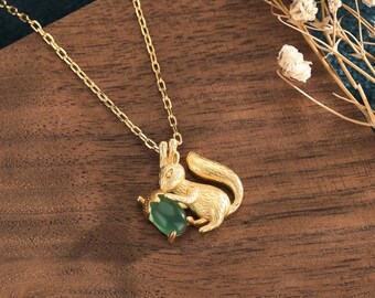 Jade Squirrel Acorn Charm Pendant with Necklace 18K Gold Plated Minimalist Chain Handmade Unique Gemstone Jewelry