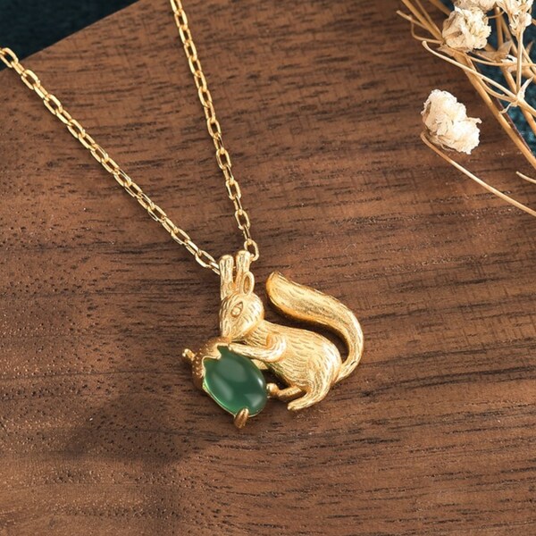 Jade Squirrel Acorn Charm Pendant with Necklace 18K Gold Plated Minimalist Chain Handmade Unique Gemstone Jewelry