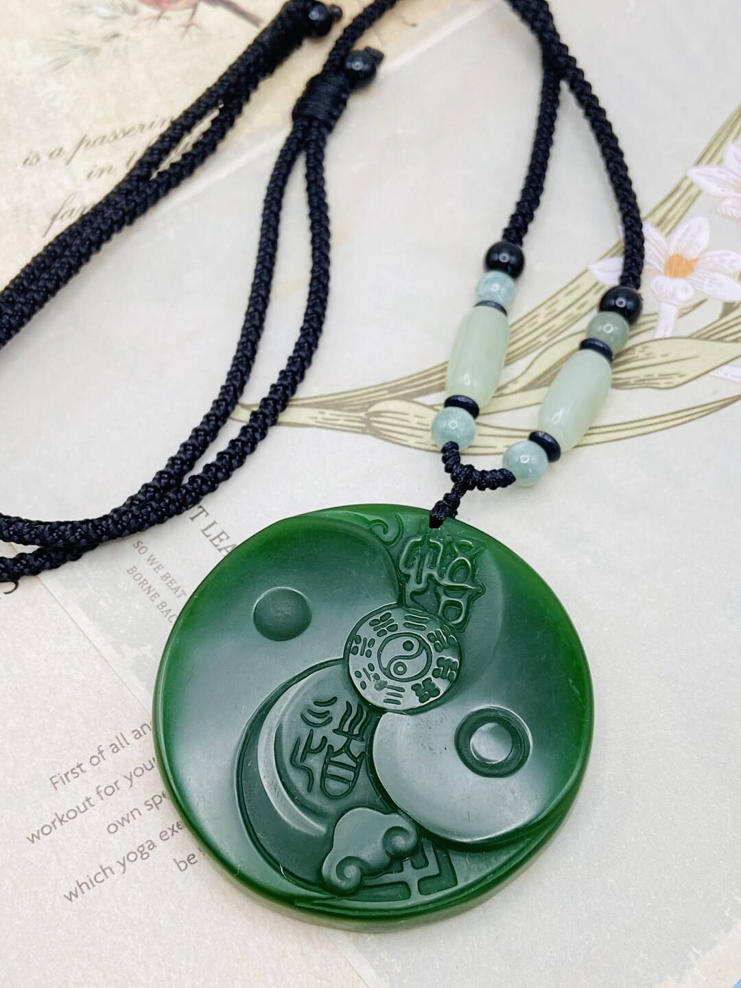 Jade Tai Chi Diagram Charm Pendant W/ Beads Cord Necklace - Etsy