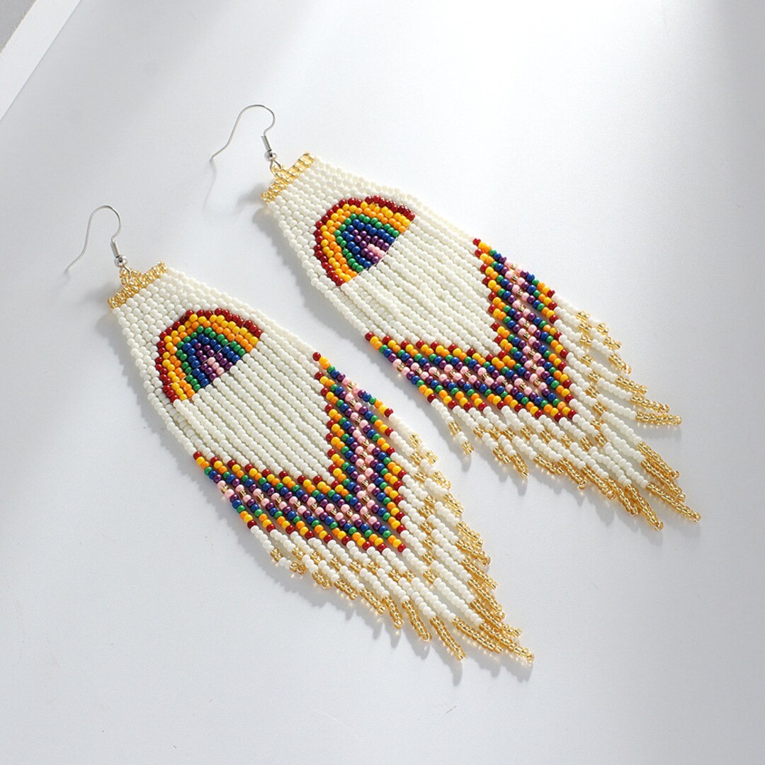 BOHO Seed Bead Earrings Rainbow Tassel Fringe Drop Dangle Earrings ...