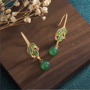 Jade Crystal Earrings Drop Dangle 18K Gold Plated Green Gemstone Ear Hook Earrings Handmade Leaf Design Jewelry