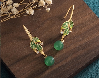 Jade Crystal Earrings Drop Dangle 18K Gold Plated Green Gemstone Ear Hook Earrings Handmade Leaf Design Jewelry