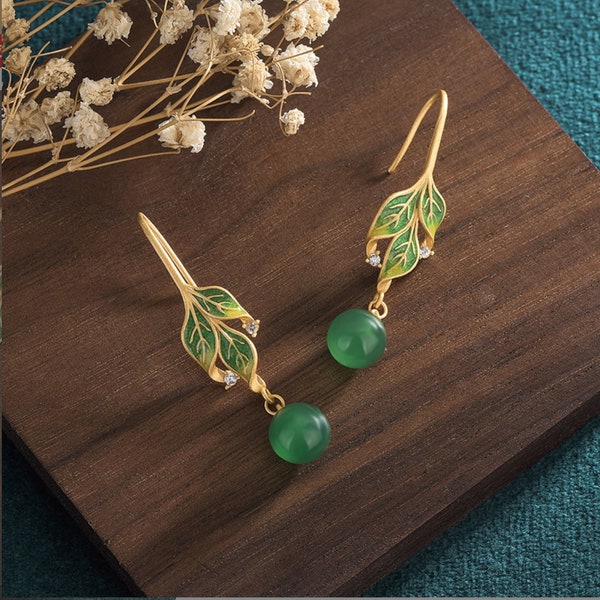 Jade Crystal Earrings Drop Dangle 18K Gold Plated Green Gemstone Ear Hook Earrings Handmade Leaf Design Jewelry