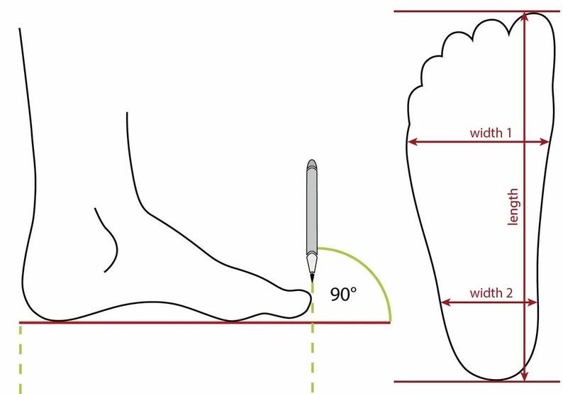 Puede incluir: Ilustraci&oacute;n que muestra c&oacute;mo medir un pie para tallas de zapatos. La imagen muestra un contorno de pie con medidas de longitud y anchura, y una medici&oacute;n de &aacute;ngulo de 90 grados.