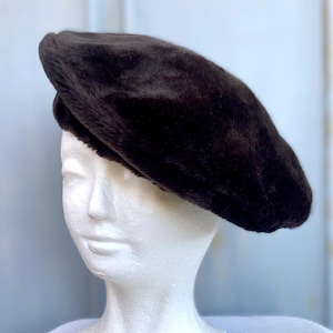 Vintage Faux Fur Beret Brown French Style Hat Retro Russian Vegan Cruelty Free Nitochka
