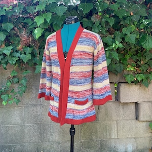 Vintage 70s Striped Cardigan M 1970s Red Blue Gold Knit Open Front 3/4 Sleeves Sweater Retro