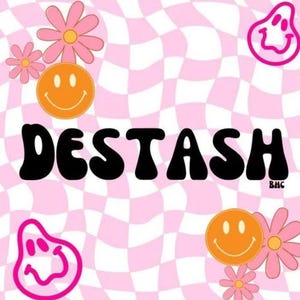 May include: Pink and white checkered background with the word "DESTASH" in large black letters. The image includes orange smiley faces and pink flowers. A pink distorted smiley face is also present.