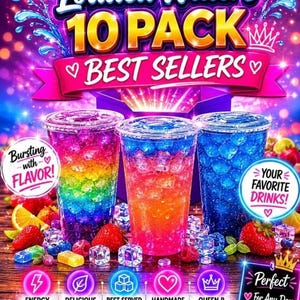 Puede incluir: Un gráfico promocional para un paquete de 10 tés y aguas cargadas de Queen B Designs. La imagen muestra tres vasos de plástico transparente llenos de bebidas coloridas con hielo, rodeados de fresas frescas, frambuesas y rodajas de cítricos.