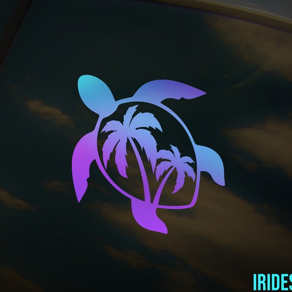 Sea Turtle With Palm Trees Car Window Sticker, Die-Cut Vinyl Decal