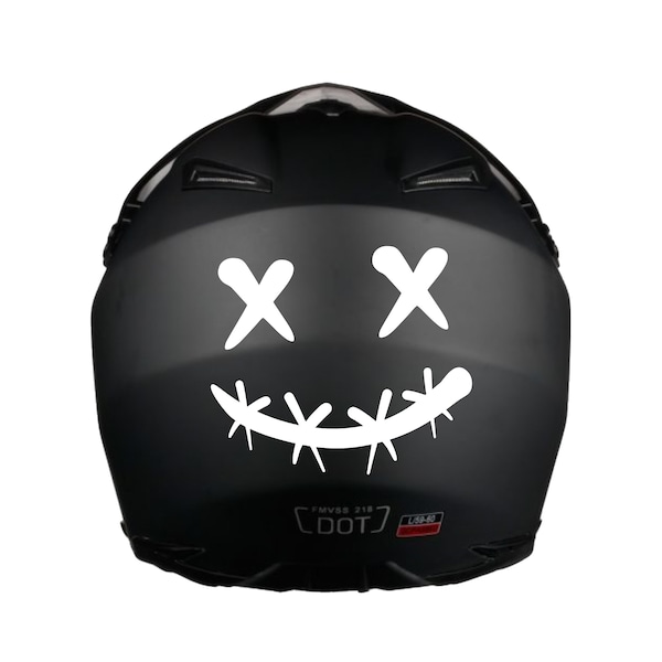 X Eyes Stitched Smile Helmet Sticker, Die-Cut Vinyl Decal [Reflective Vinyl Options]