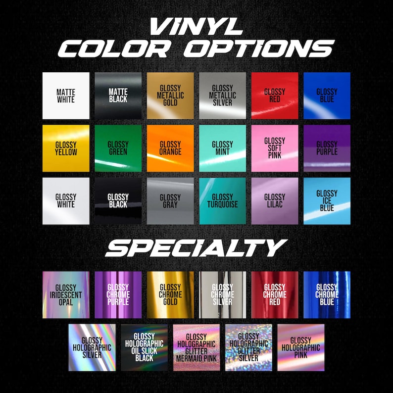 Może przedstawiać: Wzornik kolor&oacute;w winylu z r&oacute;żnymi opcjami, oznaczony jako VINYL COLOR OPTIONS i SPECIALTY. Siatka zawiera matowe i błyszczące wykończenia w kolorach białym, czarnym, złotym, srebrnym, czerwonym, niebieskim, ż&oacute;łtym, zielonym, pomarańczowym, miętowym, r&oacute;żowym, fioletowym, szarym, turkusowym, liliowym i lodowoniebieskim.