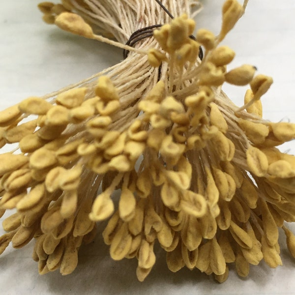 Vintage Sombrerería Estambres Antiguos Amarillo Hecho a Mano Envuelto Aprox 144 Ea Dbl Cabeza Pips Estambres Estambres