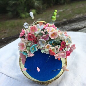 Vintage  Sewing Ephemra Pin Cushion Handmade Blue Velvet Gold Detail with For get Me Not Flowers