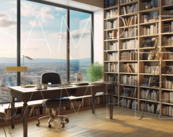 Zoom Fondo virtual / Librería / Oficina en el hogar / Profesional / Sala de estar / Telón de fondo / Espacio en el hogar