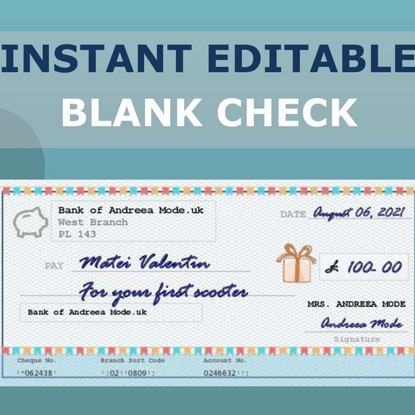 INSTANT EDITABLE and PRINTABLE Blank Check, birthday gift, celebration present, kids, last minute gift, anniversary, instant download