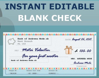 Plantilla de cheque en blanco editable, regalo imprimible (descarga digital)