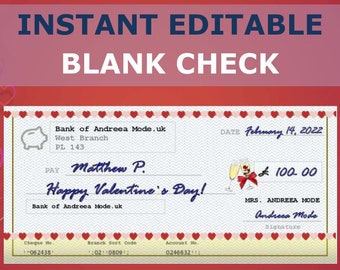 Regalo de San Valentín: plantilla de cheque editable al instante
