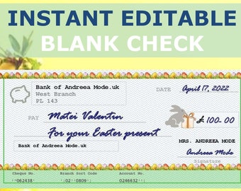 Cheque en blanco EDITABLE E IMPRIMIBLE INSTANTÁNEO, Pascua, celebración, regalo, niños, último minuto