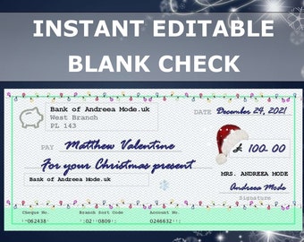 Plantilla de cheque en blanco editable, regalo de Navidad, niños, regalo de último minuto, descarga instantánea