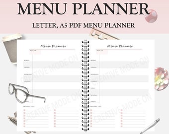 Planificador de menús imprimible, lista de la compra editable, tamaño carta y A5 (descarga digital)