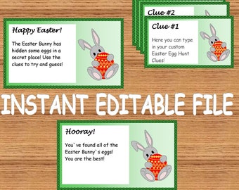 Tarjetas editables con pistas para la búsqueda de huevos de Pascua, búsqueda del tesoro para niños (descarga instantánea)