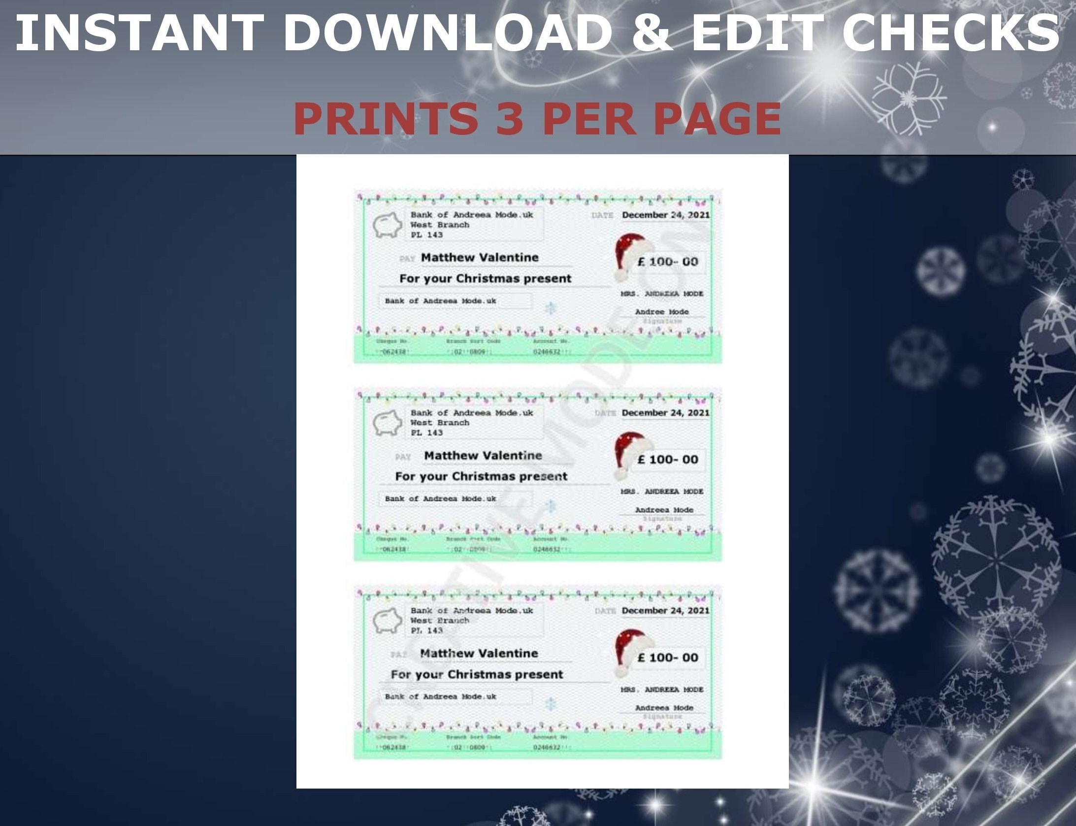 EDITABLE Blank Check Template Christmas Gift Kids Last - Etsy